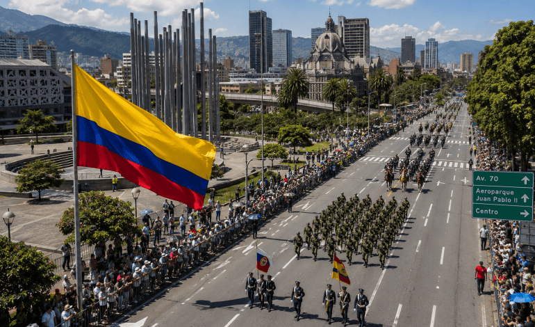 Desfile militar del 20 de Julio en Medellín con miles de uniformados marchando durante la conmemoración de la Independencia de Colombia.