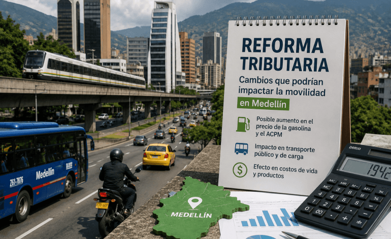 Reforma tributaria Medellín con estación de servicio, tráfico urbano y costos de movilidad.