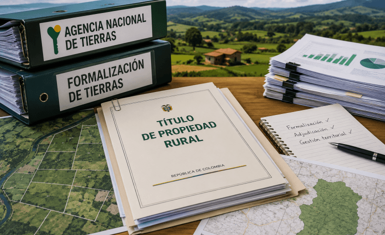tierras, Documentos de titulación de tierras, mapas catastrales y archivos administrativos que representan el fortalecimiento de la Agencia Nacional de Tierras.
